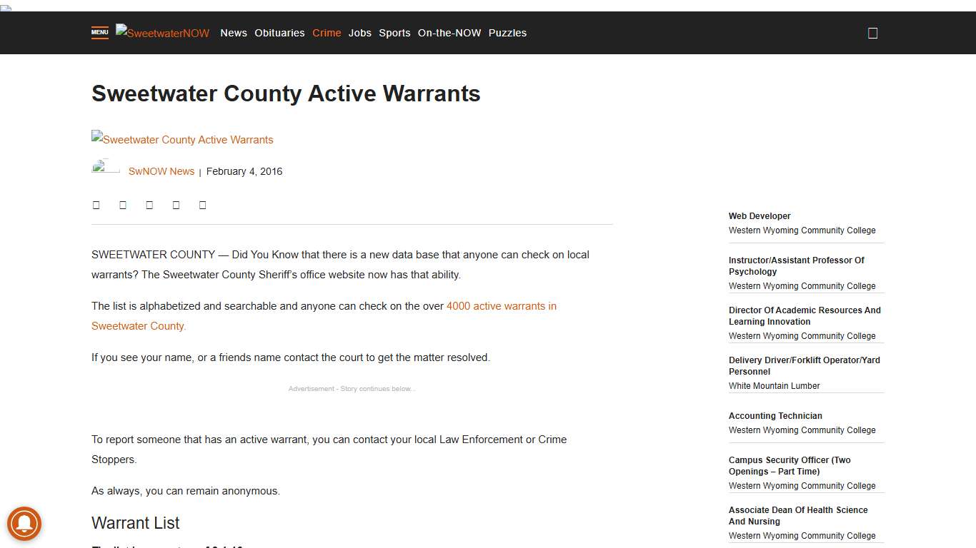 Sweetwater County Active Warrants - SweetwaterNOW