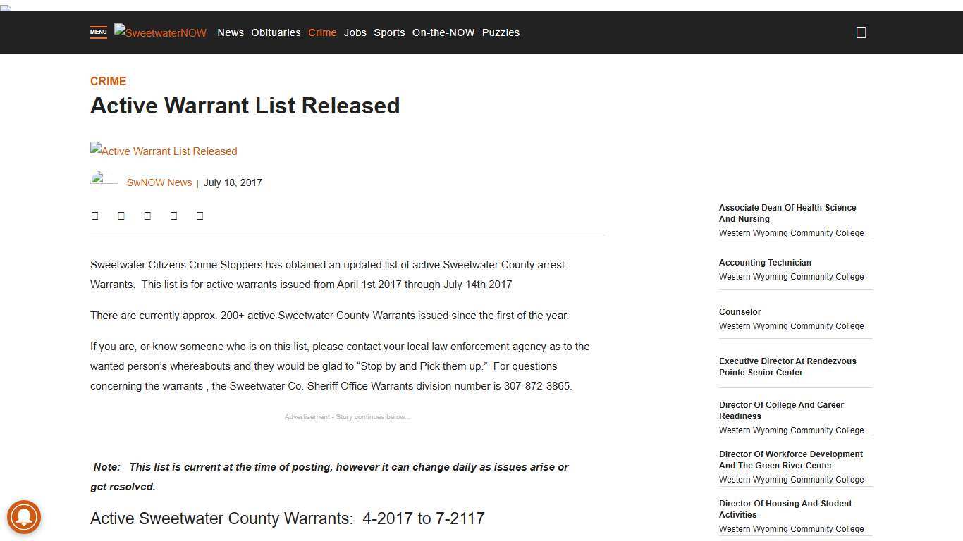 Active Warrant List Released - SweetwaterNOW